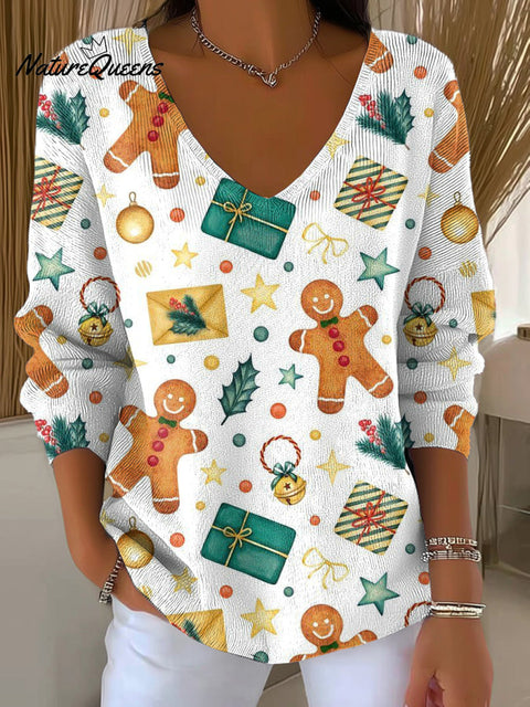 Women's Merry Christmas Gift Gingerbread Man Painting Art Print Casual Pullover Sweater