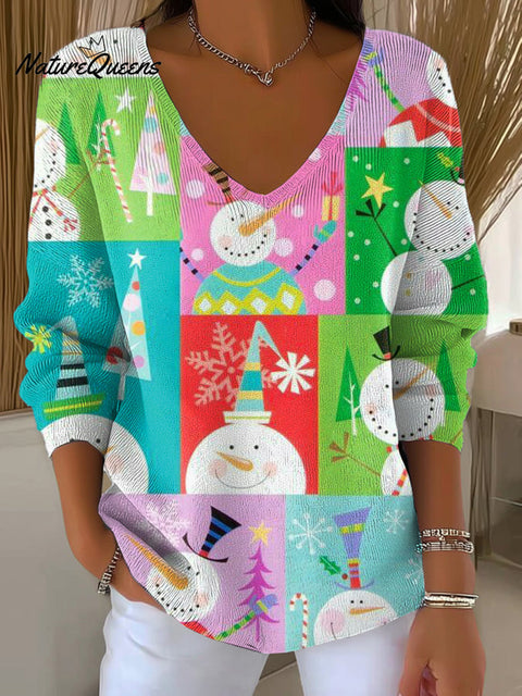 Women's Winter Happy Snowman Drawing Art Print Casual Pullover Sweater