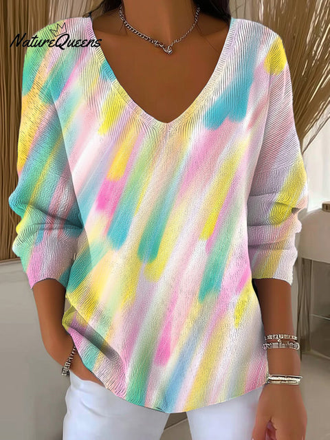 Women's Abstract Colorful Stripes Graffiti Painting Art Print Casual Pullover Sweater