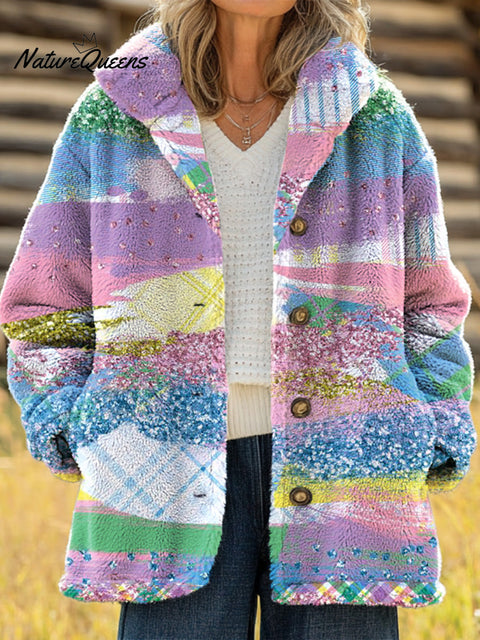 Women's Beautiful Multicolor Block Graffiti Painting Art Print Casual Sherpa Coat Cardigan