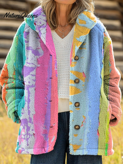 Women's Beautiful Colorful Elegant Pigment Graffiti Painting Art Print Casual Sherpa Coat Cardigan