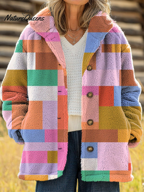 Women's Beautiful Colorful Abstract Geometric Painting Art Print Casual Sherpa Coat Cardigan