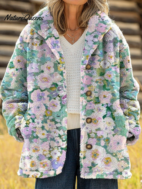 Women's Beautiful Flower Painting Art Print Casual Sherpa Coat Cardigan