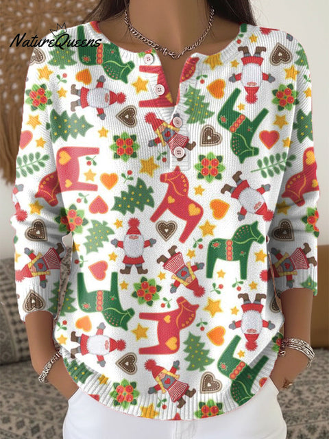Beautiful Santa Claus Horse Painting Art Print Buttoned Cardigan Sweater
