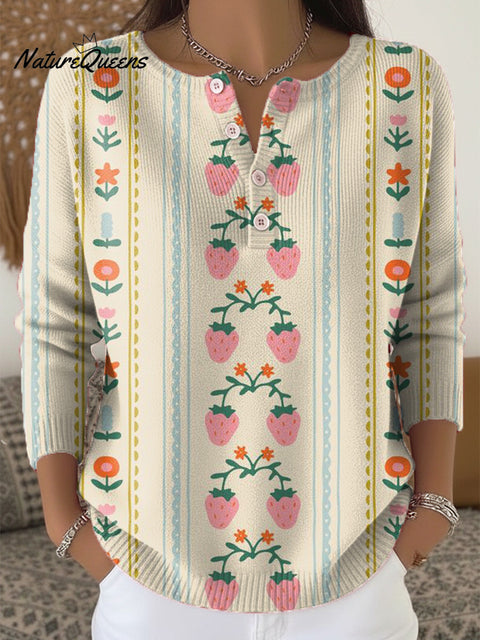 Beautiful Floral Strawberry Stripe Painting Art Print Buttoned Cardigan Sweater