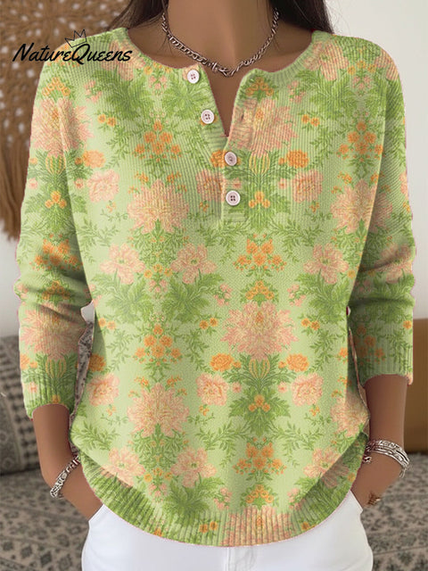 Beautiful Ethnic Floral Painting Art Print Buttoned Cardigan Sweater