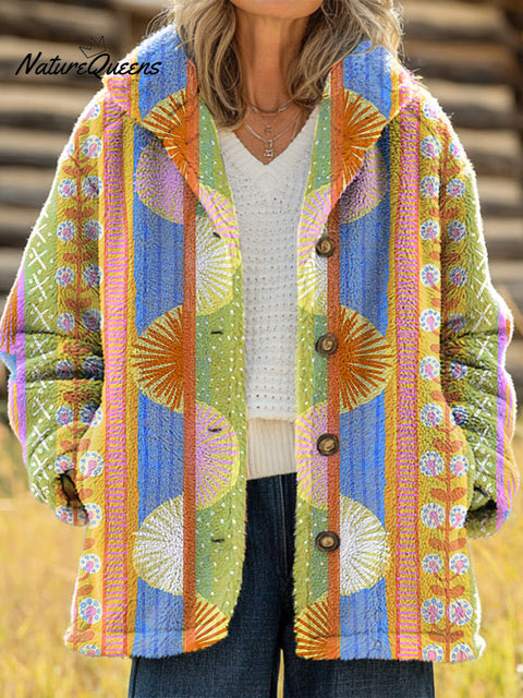 Women's Beautiful Abstract Geometric Floral Stripe Painting Art Print Casual Sherpa Coat Cardigan