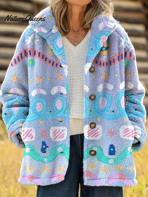 Women's Beautiful Abstract Geometric Graffiti Painting Art Print Casual Sherpa Coat Cardigan