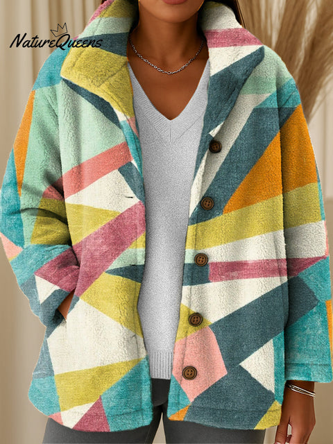 Women's Abstract Multicolor Geometric Painting Art Print Casual Sherpa Coat Cardigan