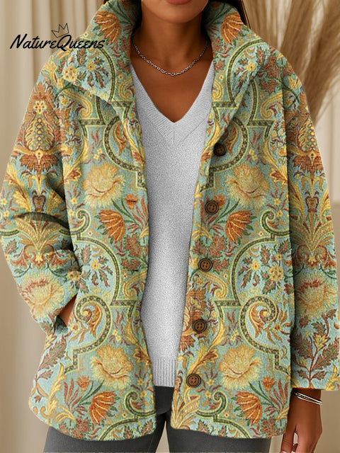 Women's Beautiful Ethnic Floral Painting Art Print Casual Sherpa Coat Cardigan