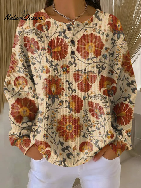 Women's Beautiful Ethnic Floral Painting Art Print Casual Cotton Shirt