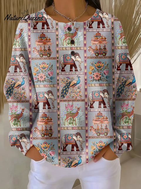 Women's Beautiful Ethnic Elephant Check Painting Art Print Casual Cotton Shirt