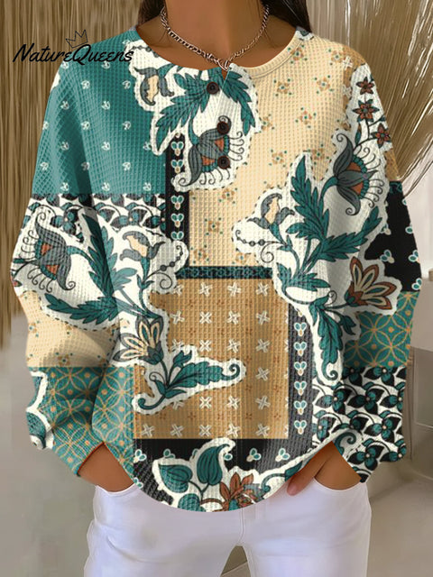 Women's Beautiful Ethnic Floral Check Painting Art Print Casual Cotton Shirt