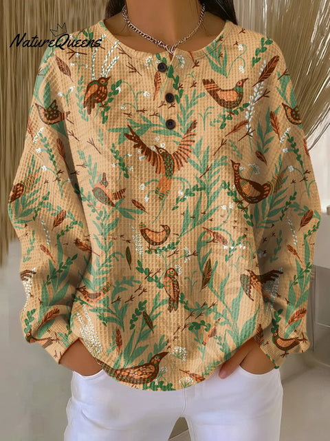 Women's Beautiful Ethnic Flowers and Birds Painting Art Print Casual Cotton Shirt
