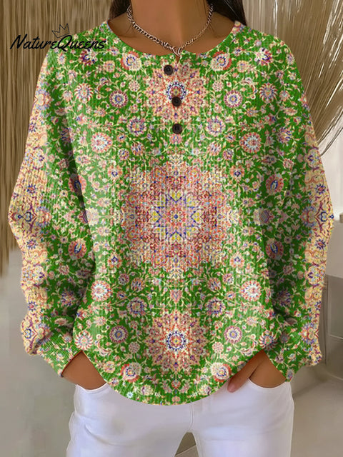 Women's Beautiful Ethnic Geometric Floral Art Print Casual Cotton Shirt