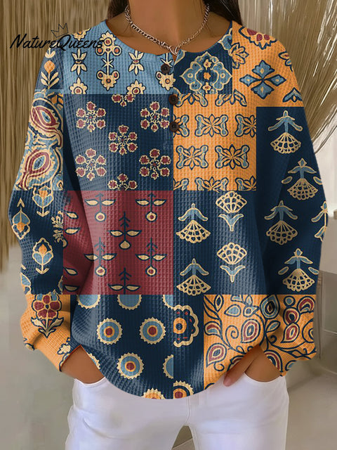Women's Beautiful Ethnic Geometric Floral Check Art Print Casual Cotton Shirt