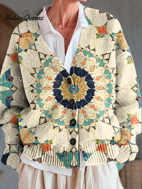 Beautiful Ethnic Geometric Floral Check Art Print Buttoned V-neck Cardigan Sweater