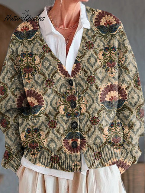Beautiful Ethnic Geometric Floral Art Print Buttoned V-neck Cardigan Sweater