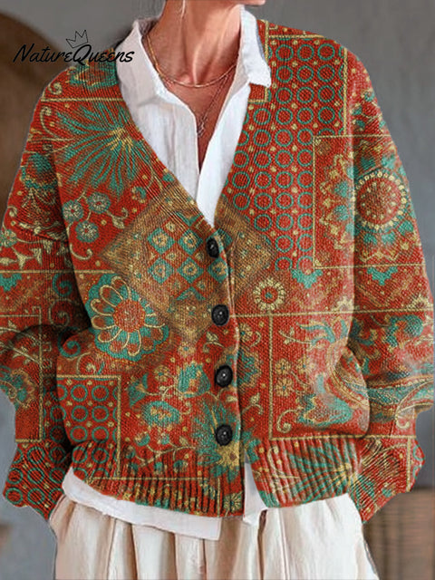 Beautiful Ethnic Geometric Floral Check Art Print Buttoned V-neck Cardigan Sweater