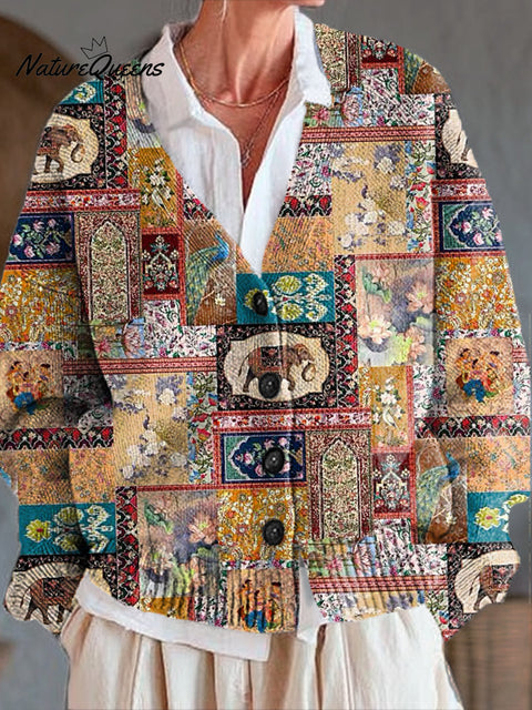 Beautiful Ethnic Elephant Geometric Floral Check Art Print Buttoned V-neck Cardigan Sweater