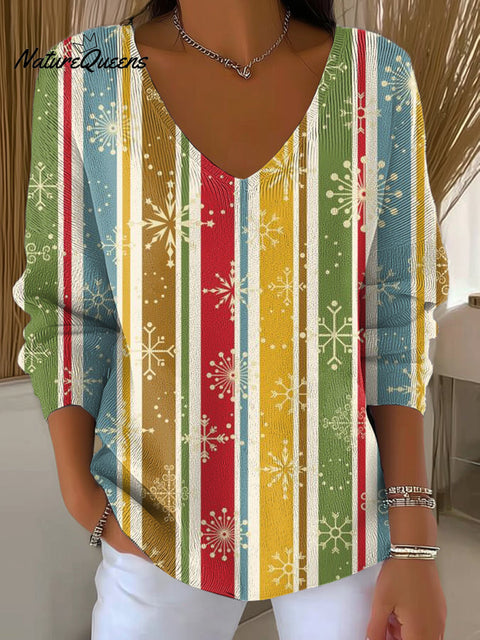 Women's Beautiful Colorful Striped Snowflake Art Print Casual Pullover Sweater