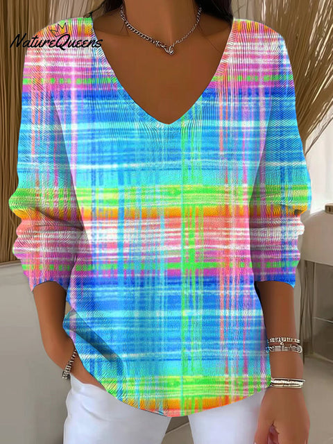 Women's Beautiful Colorful Striped Painting Art Print Casual Pullover Sweater
