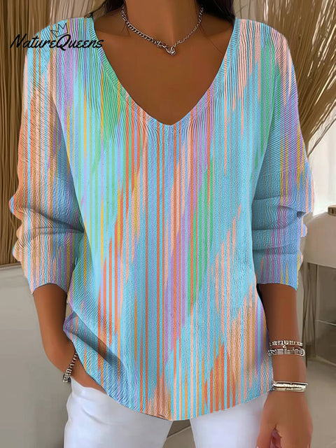 Women's Beautiful Colorful Striped Painting Art Print Casual Pullover Sweater