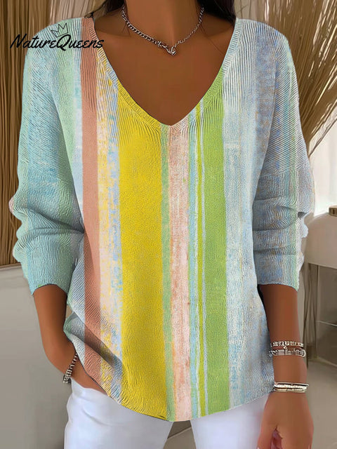 Women's Beautiful Colorful Striped Painting Art Print Casual Pullover Sweater