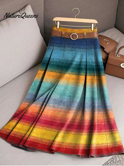 Women's Beautiful Colorful Striped Painting Art Print Cotton Skirt