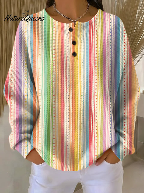 Women's Beautiful Colorful Striped Painting Art Print Casual Cotton Shirt