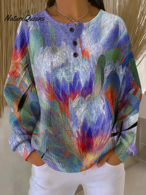 Women's Beautiful Abstract Large Flower Painting Art Print Casual Cotton Shirt