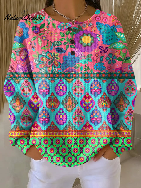 Women's Beautiful Ethnic Floral Stripe Art Print Casual Cotton Shirt