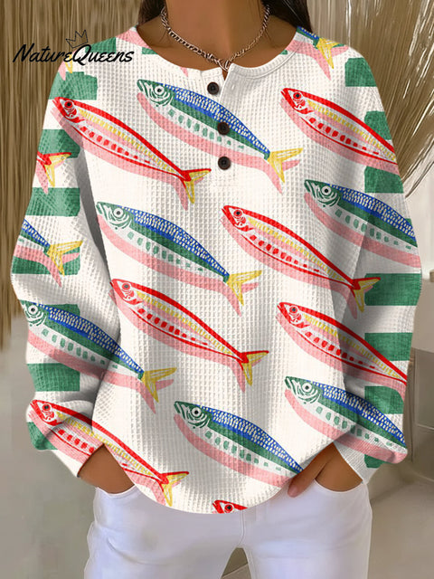 Women's Colorful Sea Fish Painting Art Print Casual Cotton Shirt