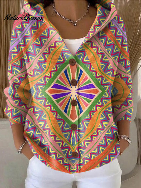 Women's Bright Colorful Abstract Diamond Geometric Painting Art Print Casual Hooded Button Sweater