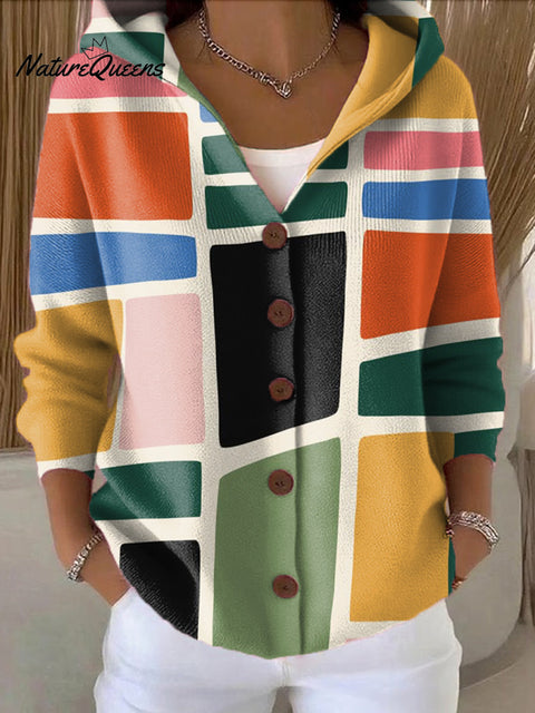 Women's Bright Colorful Abstract Geometric Painting Art Print Casual Hooded Button Sweater