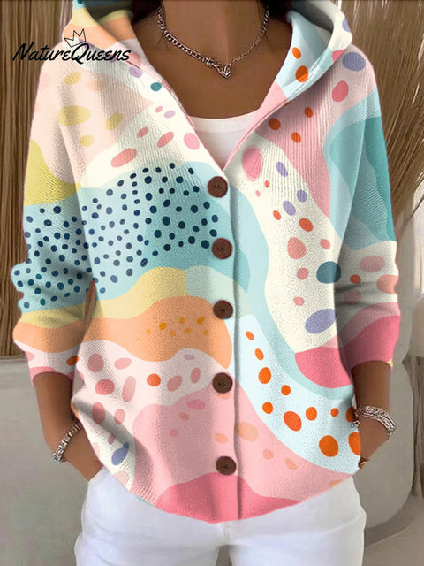 Women's Colorful Abstract Paint Graffiti Painting Art Print Casual Hooded Button Sweater