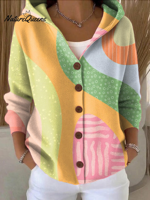 Women's Colorful Abstract Geometric Stripes Painting Art Print Casual Hooded Button Sweater