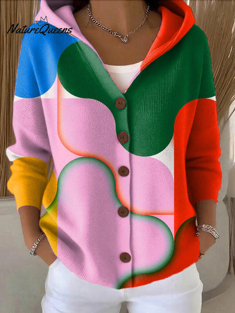 Women's Colorful Abstract Geometric Block Painting Art Print Casual Hooded Button Sweater