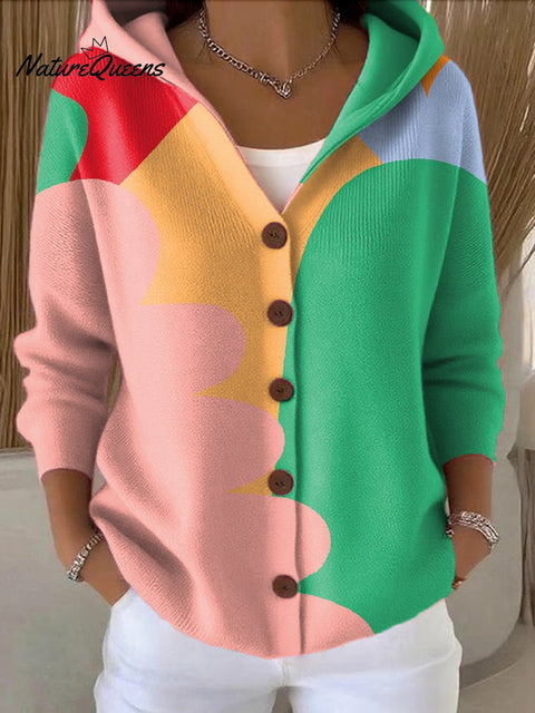 Women's Colorful Abstract Geometric Block Painting Art Print Casual Hooded Button Sweater