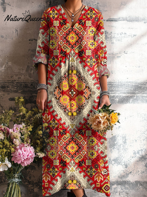 Women's Ethnic Diamond Geometric Floral Painting Art Print Dress