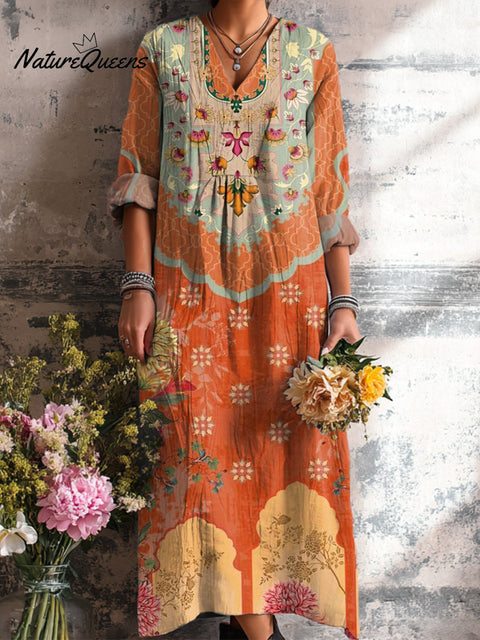 Women's Ethnic Diamond Geometric Floral Painting Art Print Dress