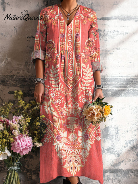 Women's Ethnic Diamond Geometric Floral Painting Art Print Dress