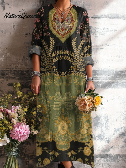 Women's Ethnic Geometric Floral Painting Art Print Dress