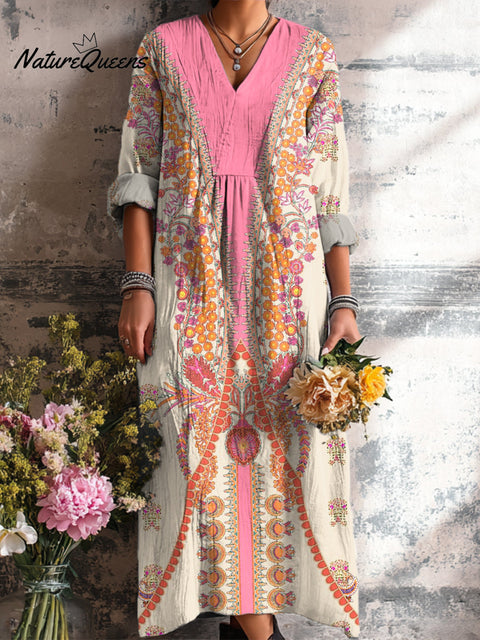 Women's Ethnic Geometric Floral Painting Art Print Dress