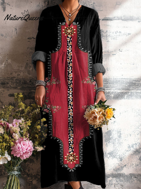 Women's Ethnic Geometric Floral Painting Art Print Dress