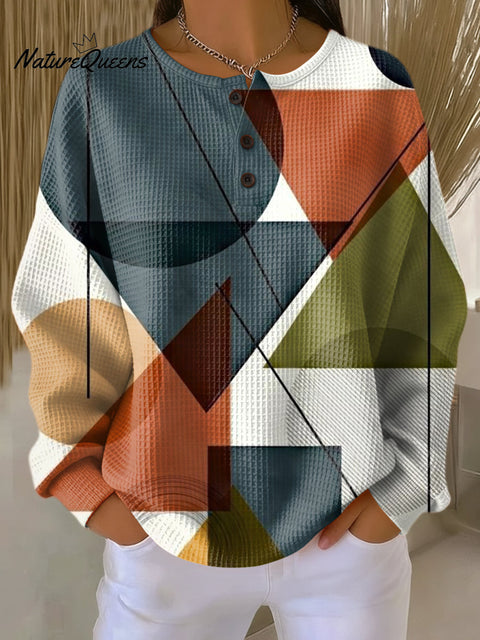 Women's Abstract Geometric Color Block Painting Art Print Casual Cotton Shirt