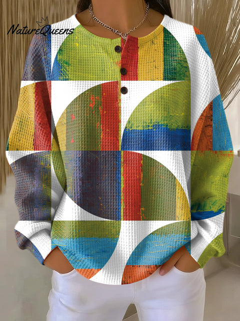 Women's Abstract Geometric Color Block Painting Art Print Casual Cotton Shirt