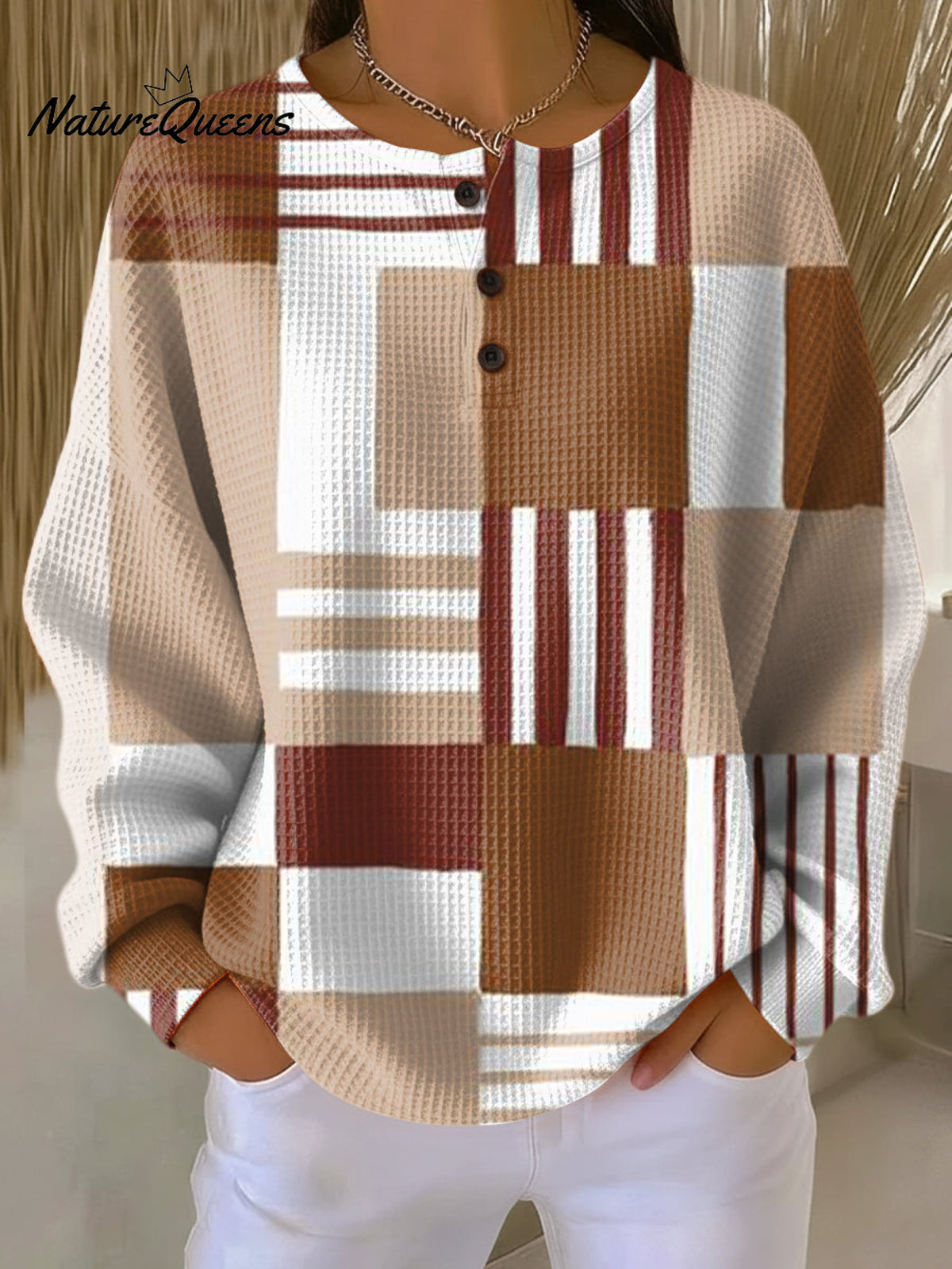 Women's Abstract Geometric Check Painting Art Print Casual Cotton Shirt