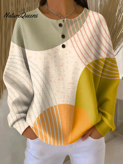Women's Abstract Circular Color Block Painting Art Print Casual Cotton Shirt