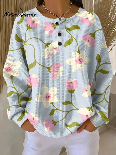 Women's Beautiful Large Flower Painting Art Print Casual Cotton Shirt